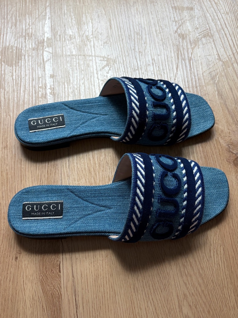 Gucci Blue Denim Logo Slide Sandals - Picture 3 of 9